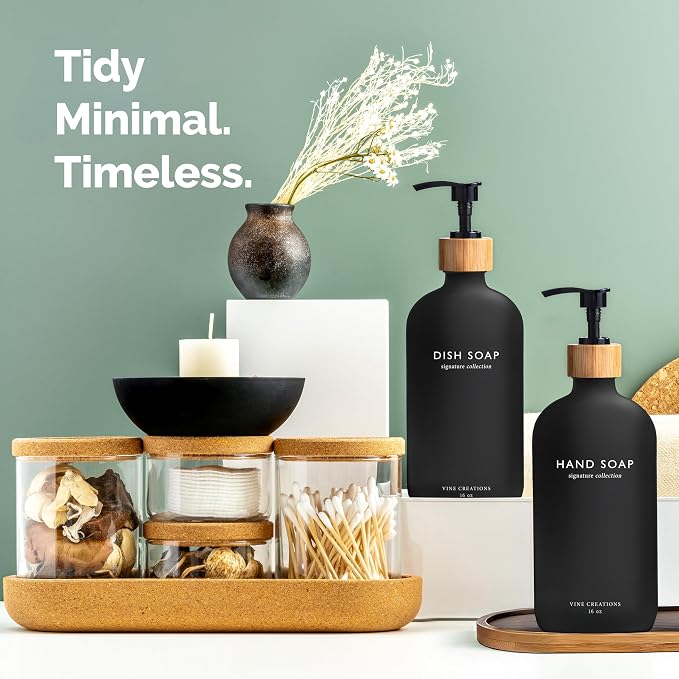 Vine Creations Black Glass Soap Dispenser Set, Hand Soap and Dish Soap - Image 4