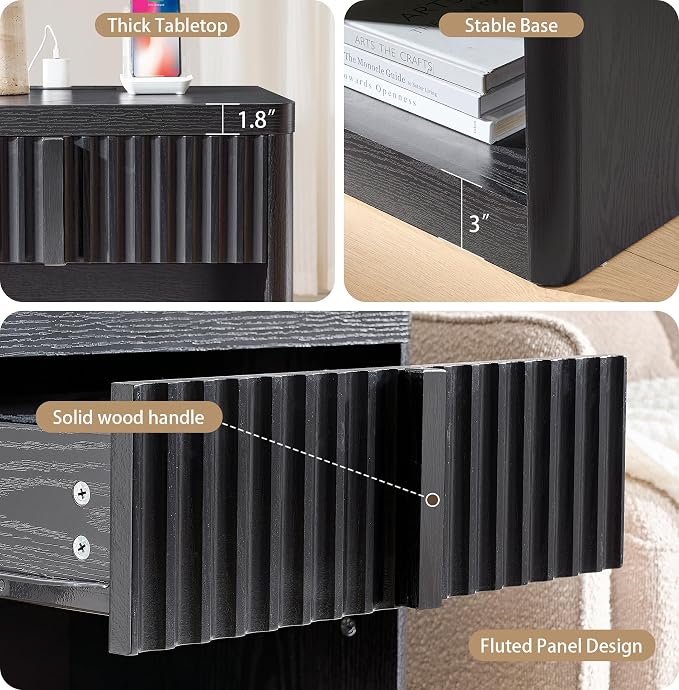 Fluted Nightstand with Charging Station, 23.6" End Table with Open Shelf and - Image 5