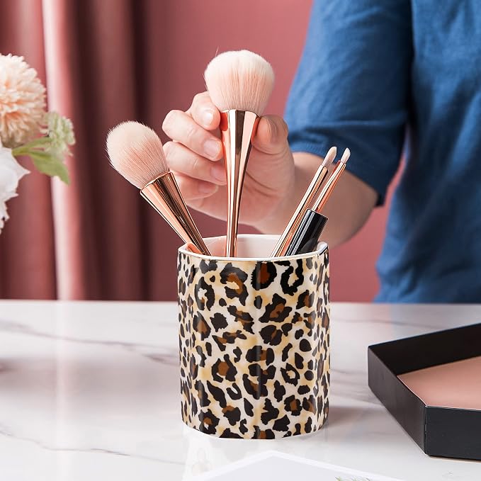 Jwest Pen Holder, Makeup Brush Holder Ceramic Shiny Gold Leopard Cheetah - Image 2