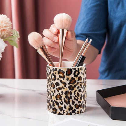 Jwest Pen Holder, Makeup Brush Holder Ceramic Shiny Gold Leopard Cheetah - Image 2