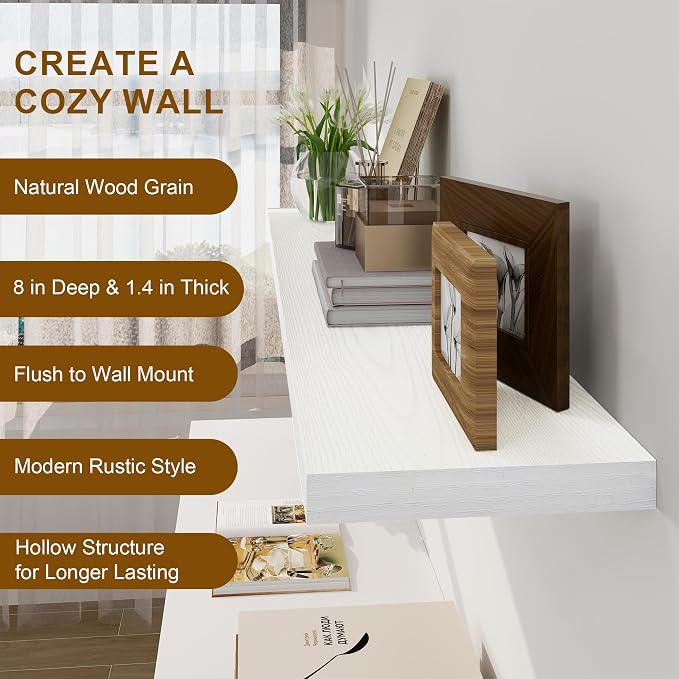 White Floating Shelves 48 Inch Long, 8 Deep Floating Shelves - Image 5
