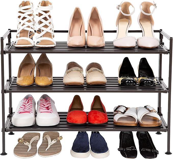 3-Tier Stackable 1" Slat Steel Frame Shoe Rack, 27.25"W x 12.75"D, Espresso | by Unknown