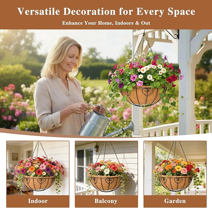 4 Pack Hanging Planter for Outdoor Plants 14 inch Metal Hanging Flower Basket - Image 2