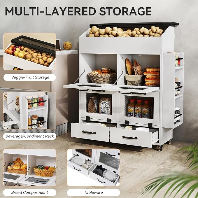 Verano Garden 31.5" Large Potato and Onion Storage Bin on Wheels, Bread Box | - Image 3