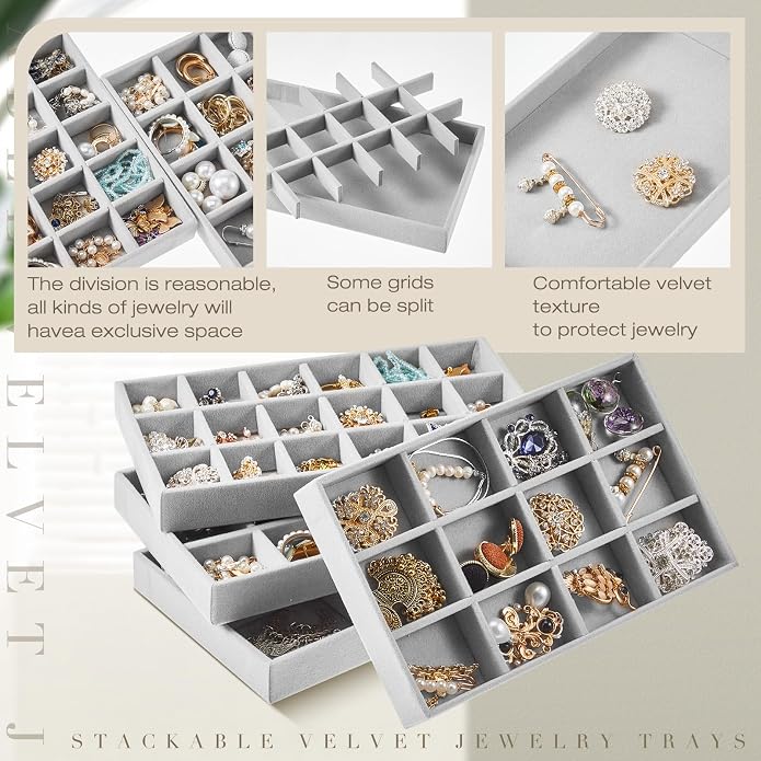 Junkin 12 Pcs Jewelry Tray Velvet Stackable Jewelry Organizer Trays Divided - Image 3
