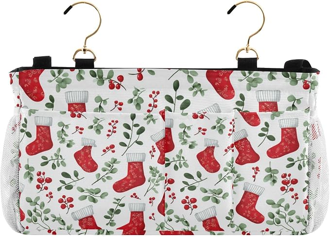 Red Stockings Holly Christmas Bedside Caddy by QwThum