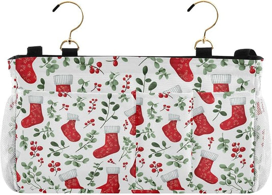 Red Stockings Holly Christmas Bedside Caddy by QwThum