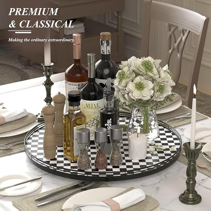 21" Black and White Kitchen Lazy Susan Turntable, Round Checkered Decorative - Image 3
