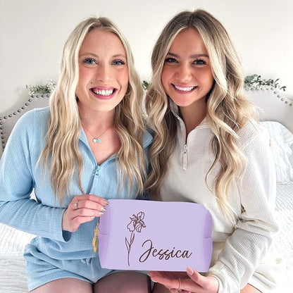 Personalized Makeup Bag with Name & Birth Flower, Custom Leather Cosmetic Bags - Image 3