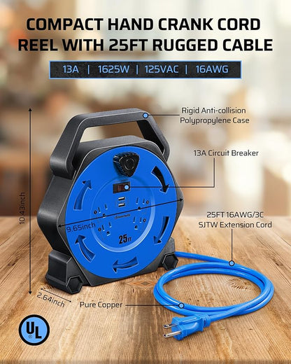 DEWENWILS Cord Reel with 4 Power Outlets, 2-USB Ports, 25FT Retractable - Image 3