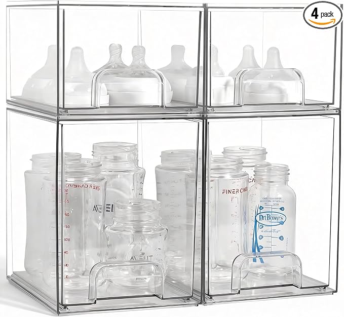 Baby Bottle Organizer, 4 Pack Clear Space-Saving Stackable Drawer by MINMUNJIU