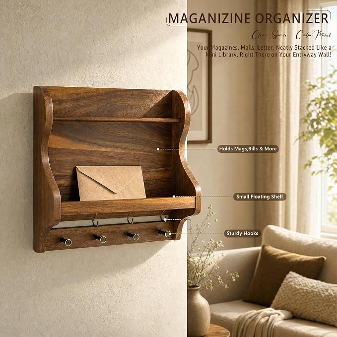 Rebee Vision Acacia Wood Mail Organizer Wall Mount - Image 5
