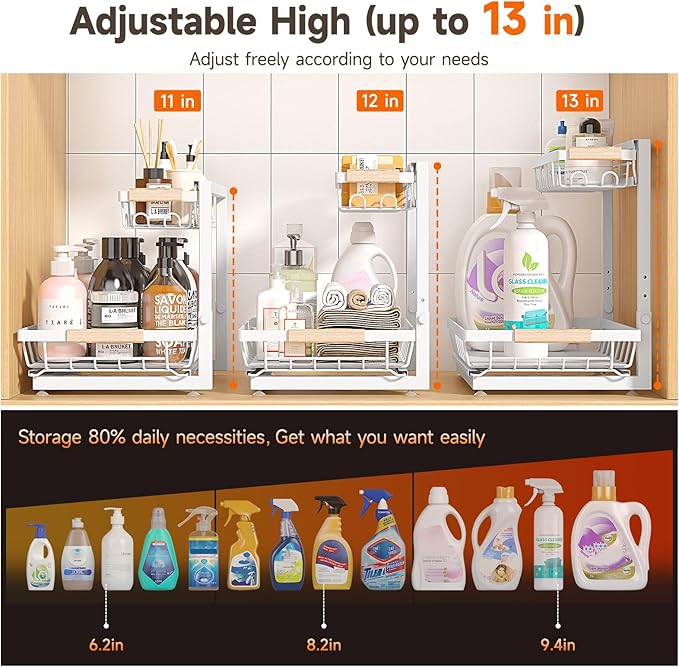 Sevenblue 2 Packs Under Sink Organizer, Height Adjustable 2 Tier Under Kitchen - Image 2