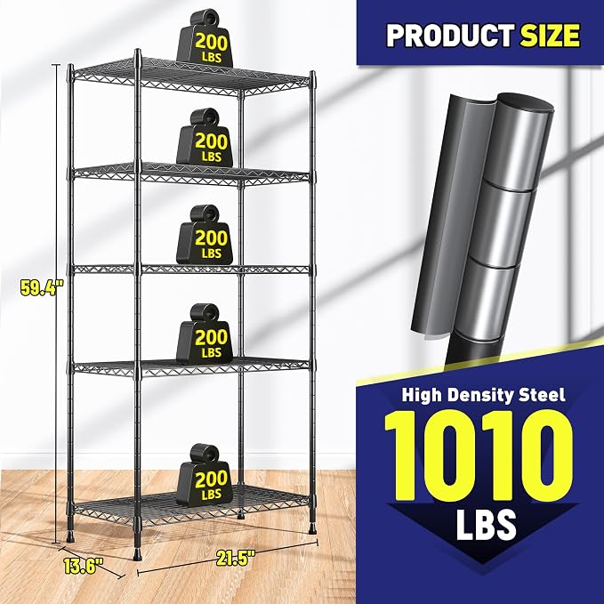 Storage Shelves Adjustable Metal Shelving Unit 5 Tier Wire Shelving, 1010LBS - Image 3