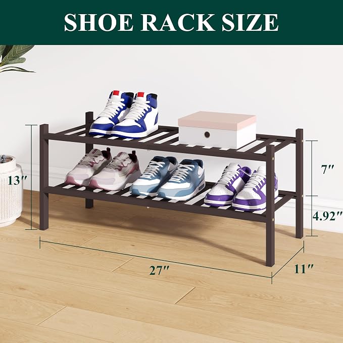 Smiry Bamboo Shoe Rack for Closet, 2 Tier Wooden Stackable Shoe Organizer - Image 2