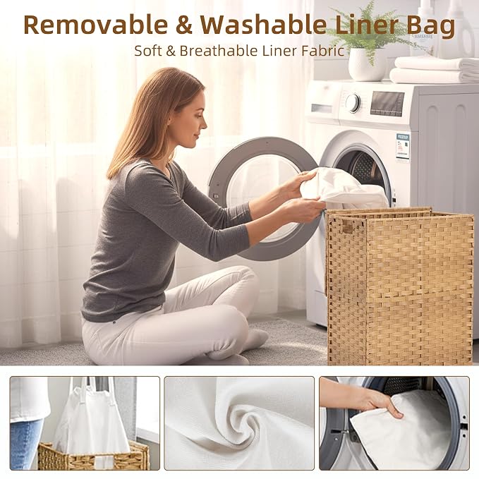 Woven Laundry Basket with Lid, Large Hamper with Removable and Machine-Washable - Image 4