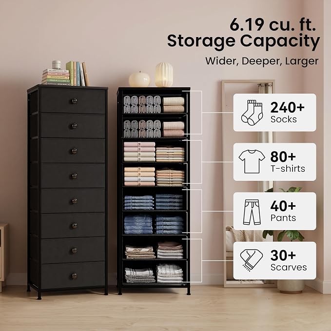 Fabric Dresser for Bedroom, 8 Drawer Tall Vertical Skinny Tower | Wooden Top - Image 4