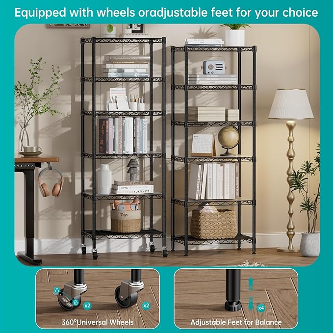 SINGAYE 6 Shelves Storage Shelf Wire Shelving Unit Metal Adjustable Wheels | - Image 6