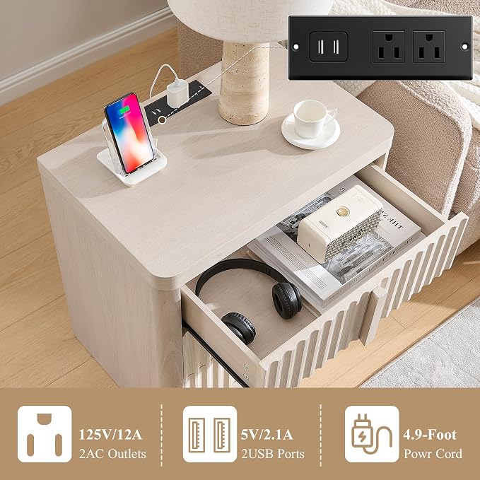 23.6" Nightstand with Charging Station, Side Table with 3 Large Storage Drawers - Image 4