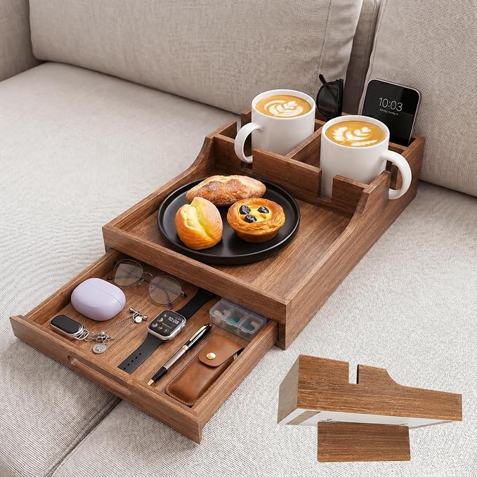 2-in-1 Couch Tray with Cup Holders, Sofa Arm Tray Table with Drawer Storage by Unknown