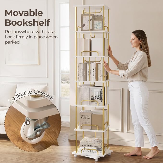 Rotating Bookshelf, 6 Tier Tall Spinning Skinny Book Shelf White | Gold Modern - Image 4