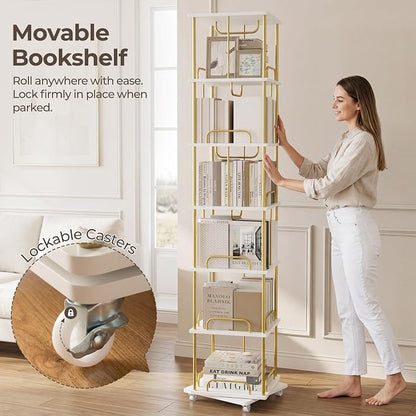 Rotating Bookshelf, 6 Tier Tall Spinning Skinny Book Shelf White | Gold Modern - Image 4