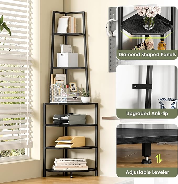 VECELO 6 Tier Corner Shelf 69 Inch Industrial Bookshelf - Image 4