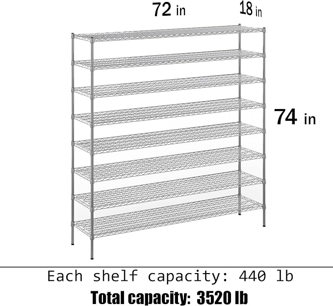 18" Deep x 72" Wide x 74" Height Wire Shelving Kit | 8-Tier | NSF Commercial - Image 3