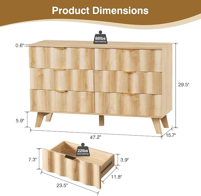 6 Drawer Dresser, Modern Fluted Storage Dresser - Image 2