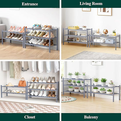 Smiry Bamboo Shoe Rack for Closet, 2 Tier Long Wooden Stackable Shoe Organizer - Image 6