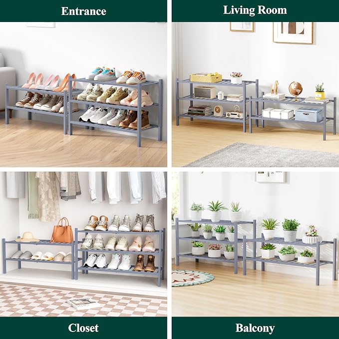 Smiry Bamboo Shoe Rack for Closet, 3 Tier Long Wooden Stackable Shoe Organizer - Image 5