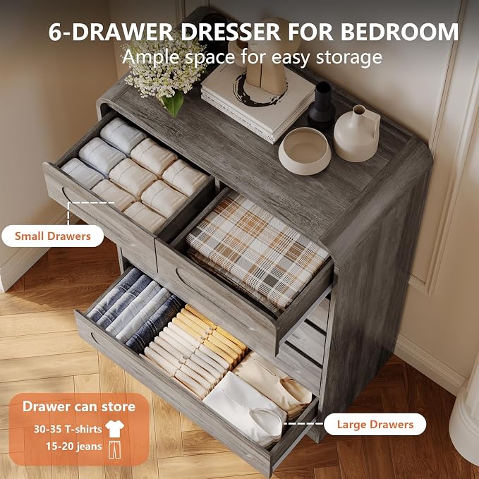 Grey Dresser for Bedroom with 6 Drawers, Tall Dressers & Chest of Drawers with - Image 3