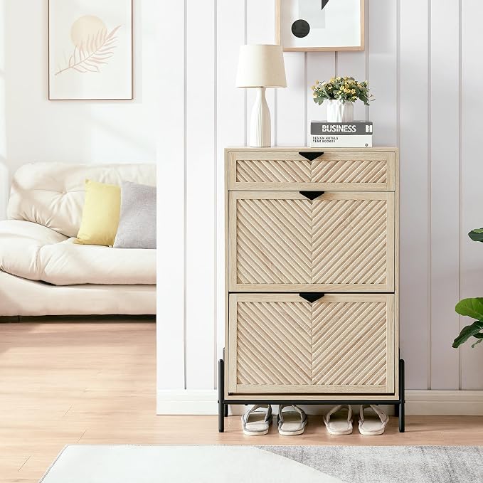 Shoe Cabinet with 2 Flip Drawers, Narrow Entryway Rack, Oak | Slanted Wood Grain - Image 5