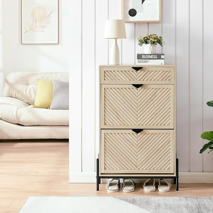 Shoe Cabinet with 2 Flip Drawers, Narrow Entryway Rack, Oak | Slanted Wood Grain - Image 5