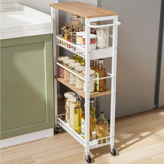 Slim Rolling Storage Cart, 4 Tier Narrow Storage Cart, 7.1in | Metal Kitchen by Kssiaz