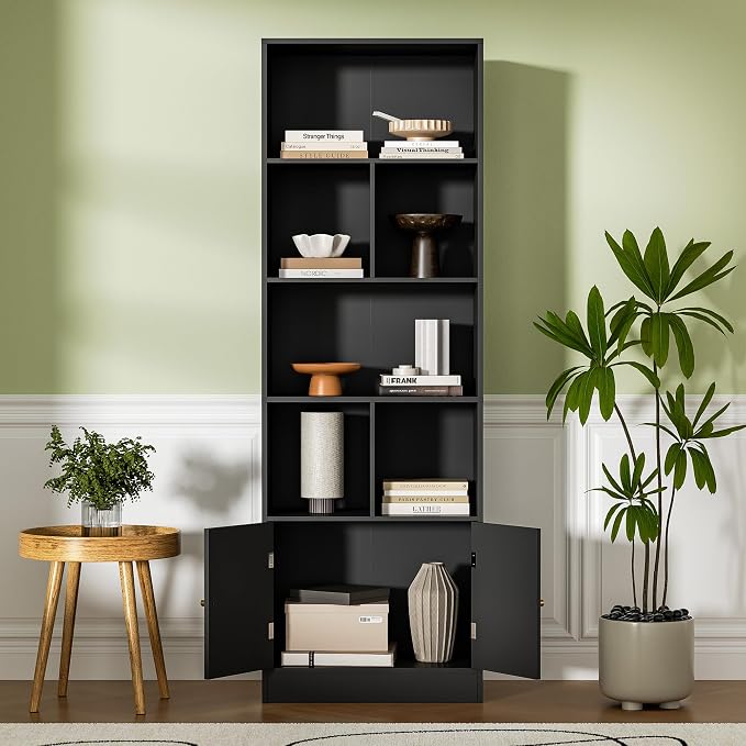 71" Tall Bookshelf with 6 Cubes and 2 Doors, 4-Tier Bookshelf, Open Shelf - Image 4