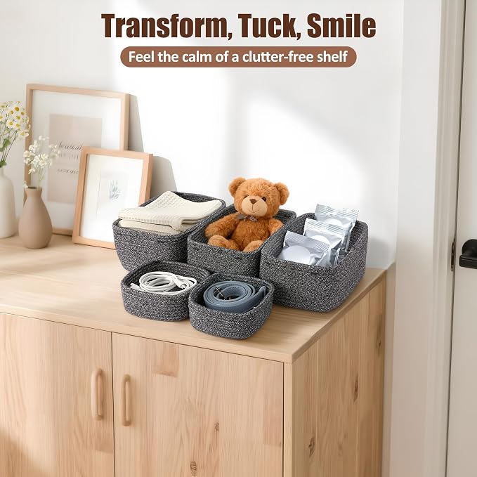 5-Pack Small Woven Rope Storage Baskets, 2 Sizes Organizer Bins | Fabric Cube - Image 6