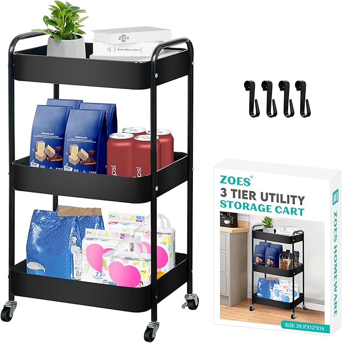 ZOES HOMEWARE 3 Tier Rolling Cart, Metal Utility Cart by ZOESHOMEWARE