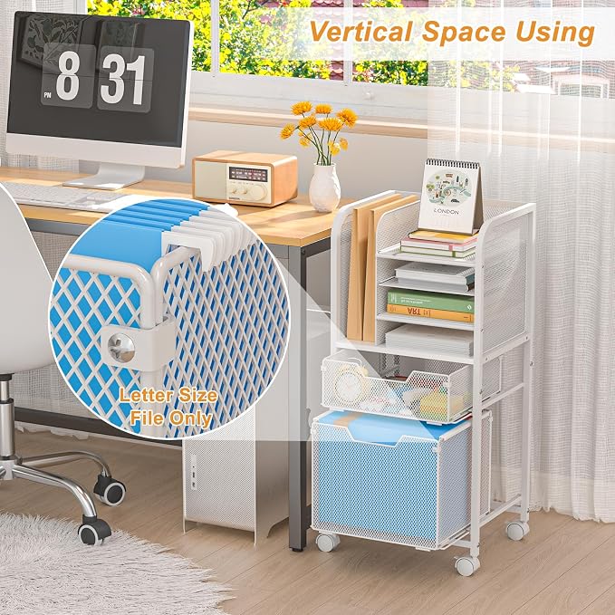 Rolling File Cart with 2 Drawers, Letter-Size File Storage with Wheels - Image 4