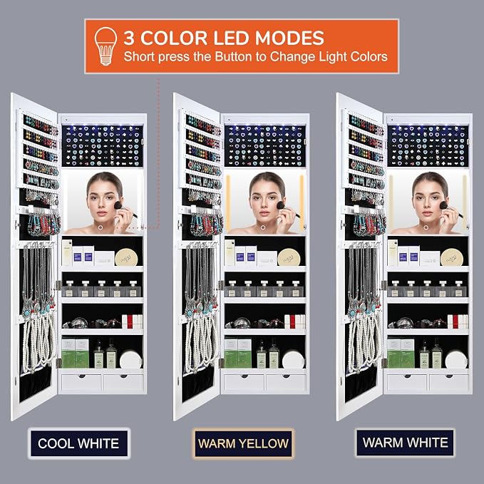 GISSAR Mirror Jewelry Cabinet, LED Wall Door Mount Full Length Jewelry Armoire - Image 6