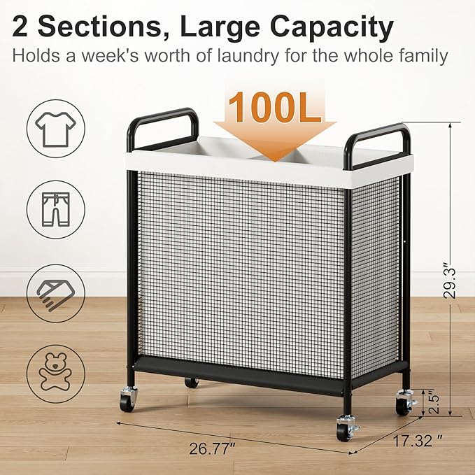 WOWLIVE Laundry Hamper 2 Section, 100L Rolling Laundry Basket - Image 2