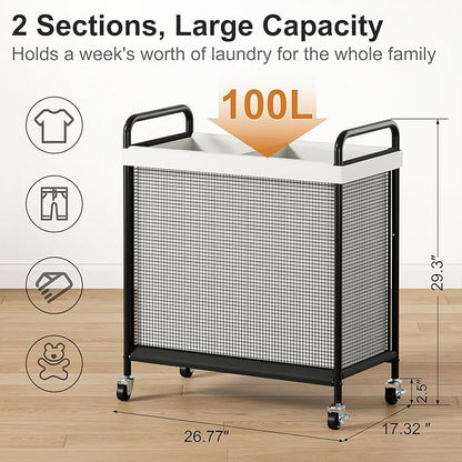 WOWLIVE Laundry Hamper 2 Section, 100L Rolling Laundry Basket - Image 2