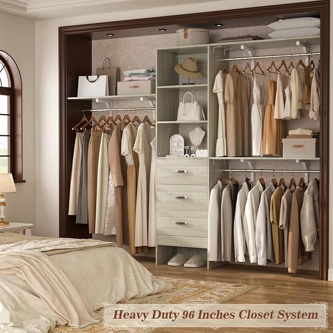 96" Wood Closet System with 3 Enclosed Drawers & 3 Solid Shelves, 8FT - Image 9