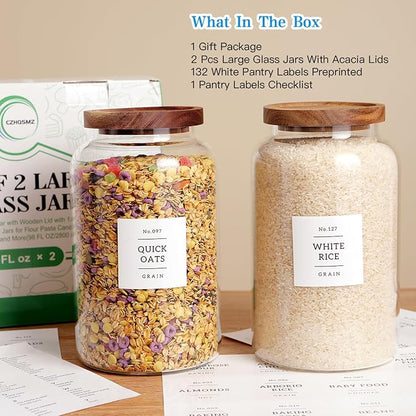 Set of 2 Large Glass Jar with Airtight Acacia Lid and 132 Kitchen Pantry Labels - Image 5