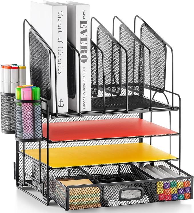 Marbrasse Desk organizer with Drawer, 4-Tier Mesh File Organizer with 5 by Marbrasse