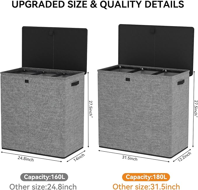 WOWLIVE Laundry Hamper with Lid, 180L Large Laundry Basket 3 Section with - Image 2