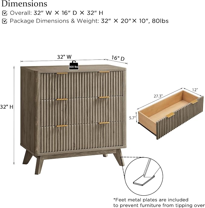 T4TREAM Fluted 3 Drawers Nightstand Set of 2, Oversized Extra Large Modern Side - Image 3
