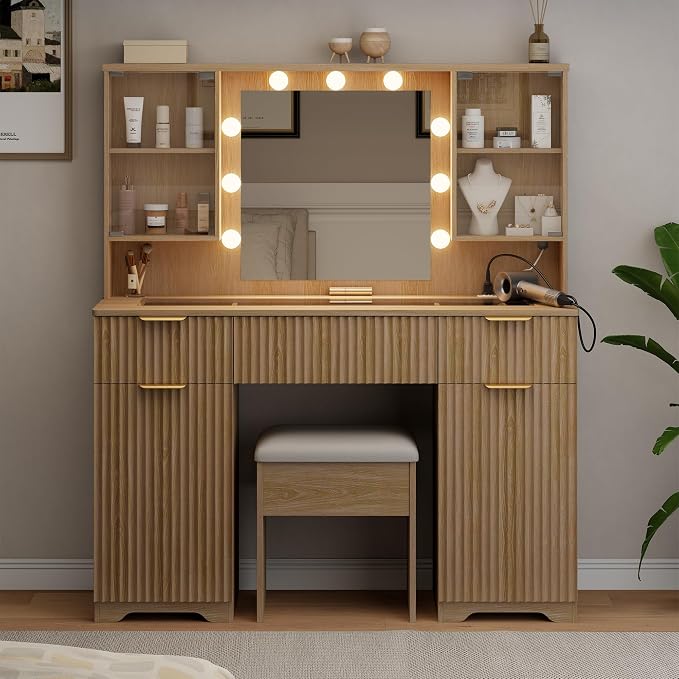 ONME Makeup Vanity Desk with Lights, Natural Wood Fluted Vanity with Tempered by ONME