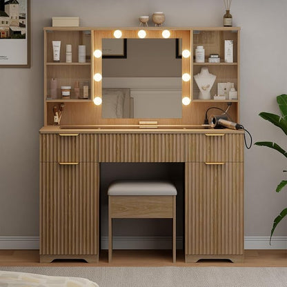 ONME Makeup Vanity Desk with Lights, Natural Wood Fluted Vanity with Tempered by ONME