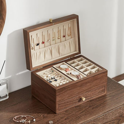 Wooden Jewelry Box for Women, 3 Level Multi-functional Drawers Black Walnut - Image 8